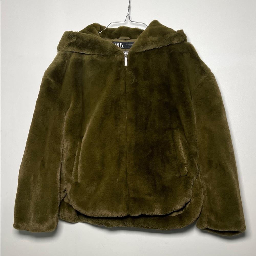 Zara Olive Green Faux Fur Hooded Jacket